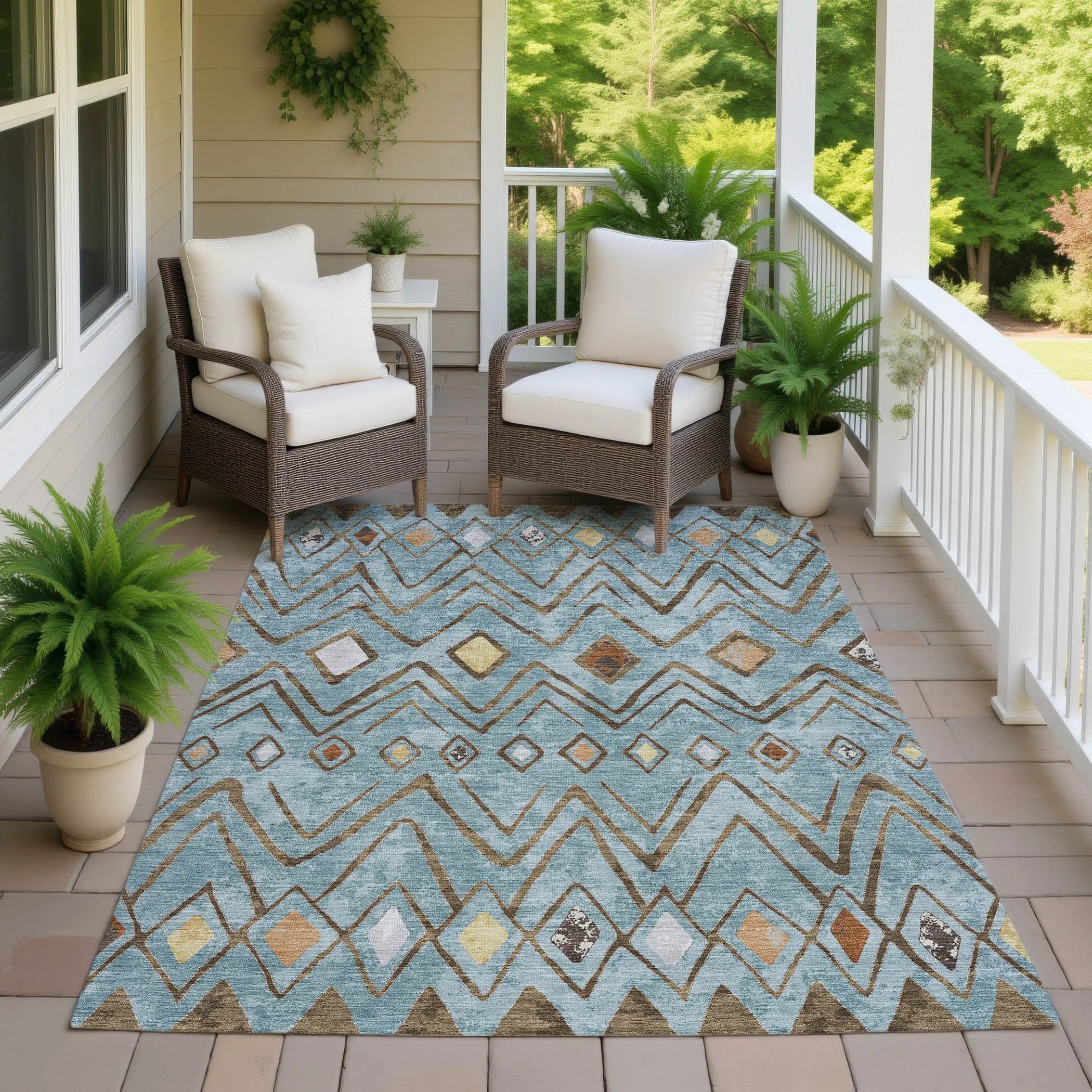3' X 5' Teal Blue And Silver Geometric Washable Indoor Outdoor Area Rug Homeroots Outdoor