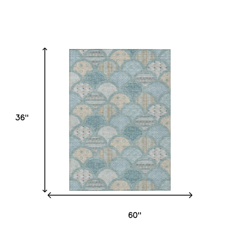 3' X 5' Teal Blue And Silver Geometric Washable Indoor Outdoor Area Rug Homeroots Outdoor