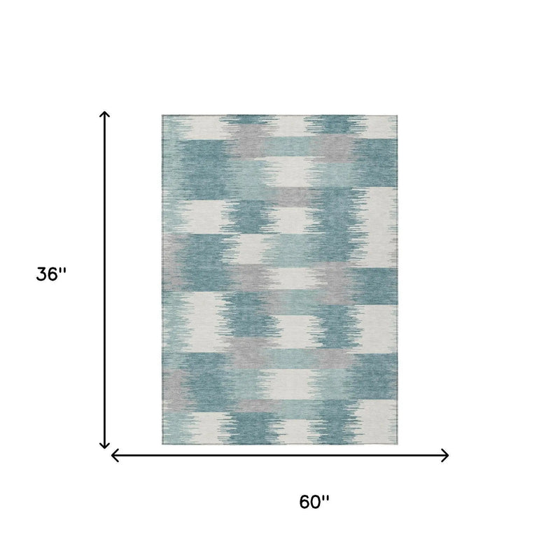 3' X 5' Teal Blue And Silver Geometric Washable Indoor Outdoor Area Rug Homeroots Outdoor