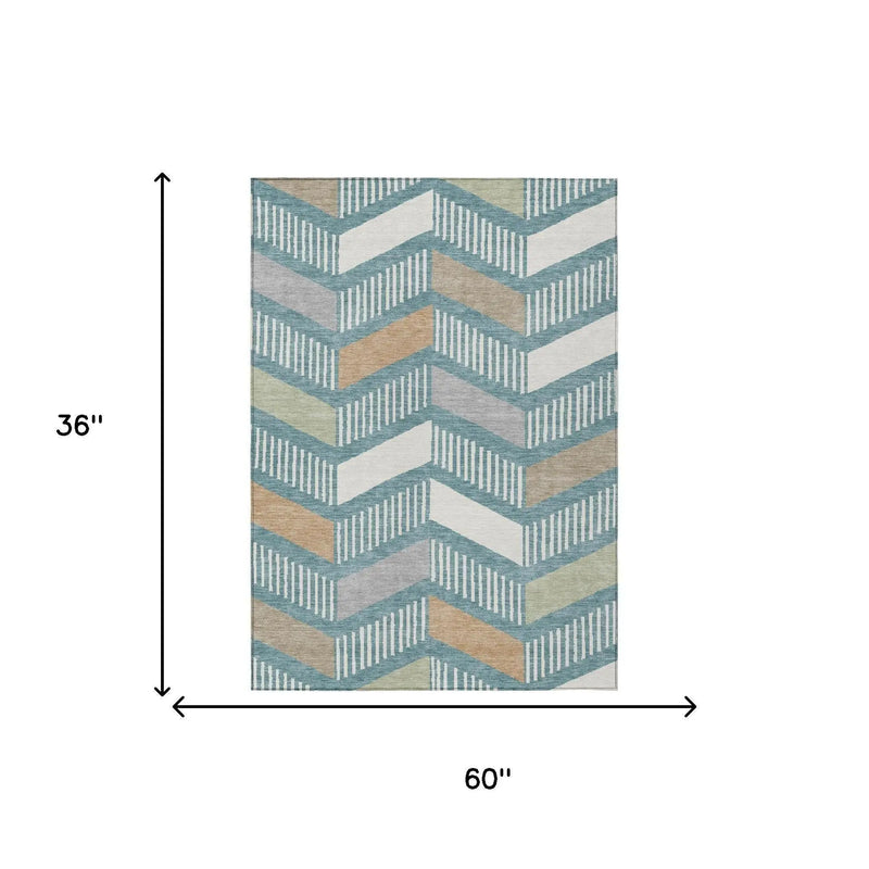3' X 5' Teal Blue And Silver Geometric Washable Indoor Outdoor Area Rug Homeroots Outdoor