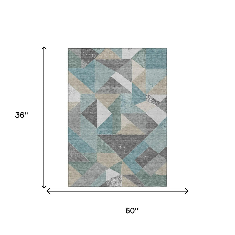 3' X 5' Teal Blue And Silver Geometric Washable Indoor Outdoor Area Rug Homeroots Outdoor