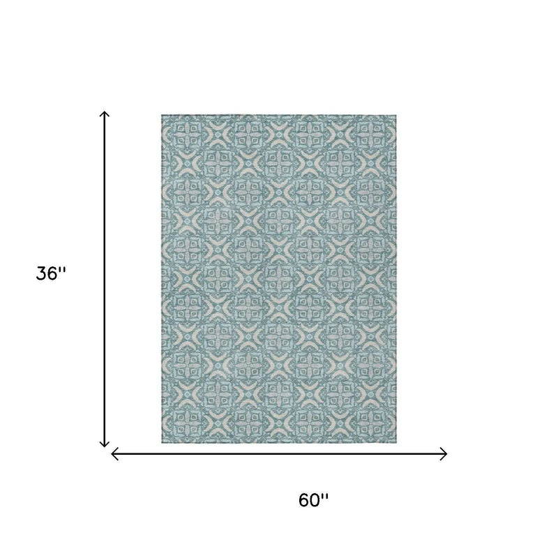 3' X 5' Teal Blue And Silver Geometric Washable Indoor Outdoor Area Rug Homeroots Outdoor