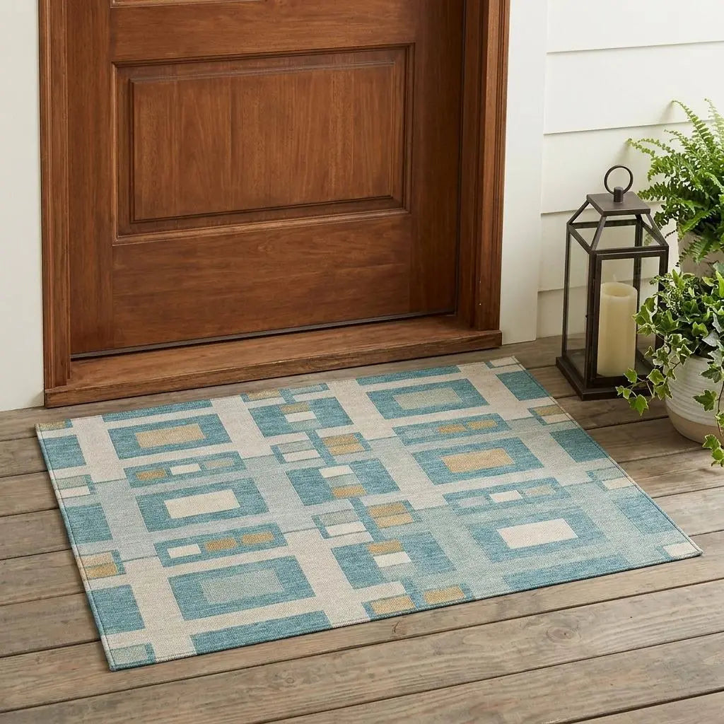 3' X 5' Teal Blue And Silver Geometric Washable Indoor Outdoor Area Rug Homeroots Outdoor