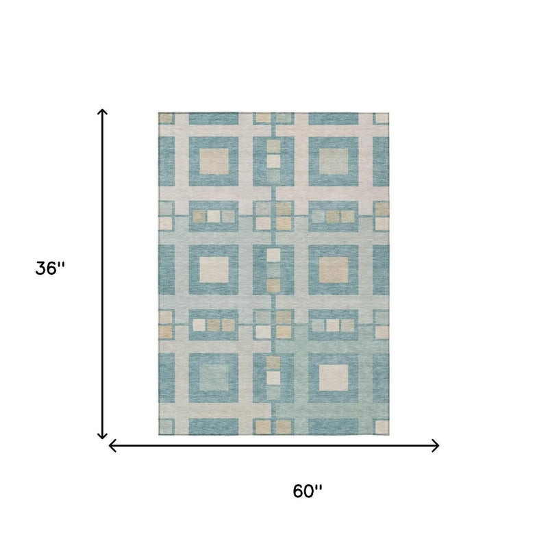 3' X 5' Teal Blue And Silver Geometric Washable Indoor Outdoor Area Rug Homeroots Outdoor