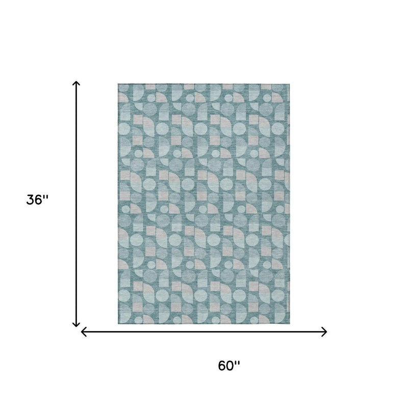 3' X 5' Teal Blue And Silver Geometric Washable Indoor Outdoor Area Rug Homeroots Outdoor