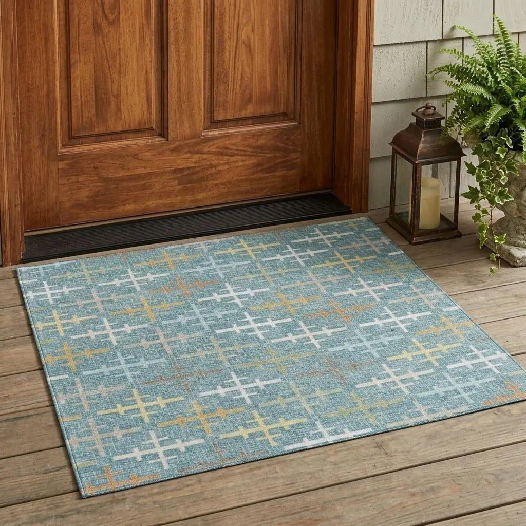 3' X 5' Teal Blue And Silver Geometric Washable Indoor Outdoor Area Rug Homeroots Outdoor