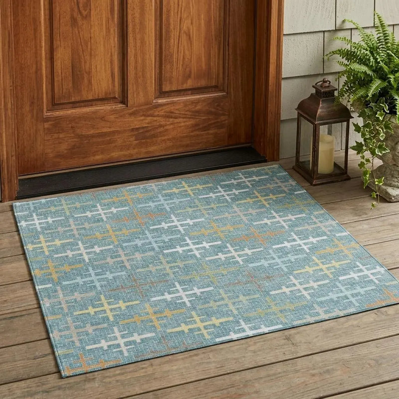 3' X 5' Teal Blue And Silver Geometric Washable Indoor Outdoor Area Rug Homeroots Outdoor