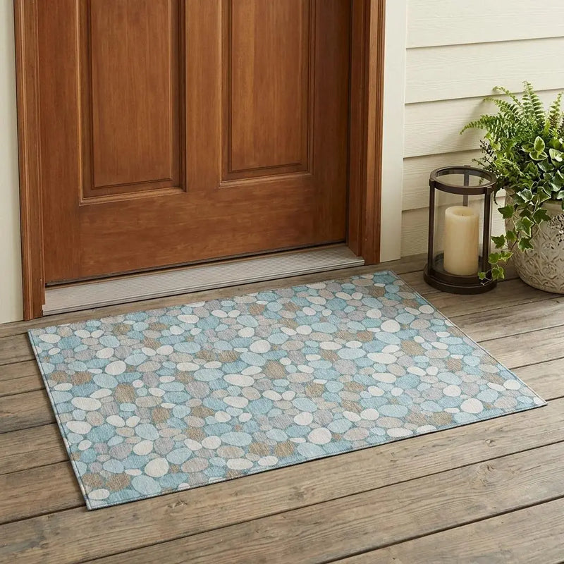 3' X 5' Teal Blue And Silver Geometric Washable Indoor Outdoor Area Rug Homeroots Outdoor