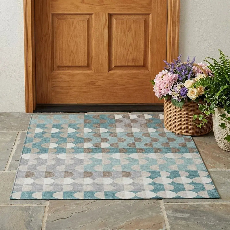 3' X 5' Teal Blue And Silver Geometric Washable Indoor Outdoor Area Rug Homeroots Outdoor