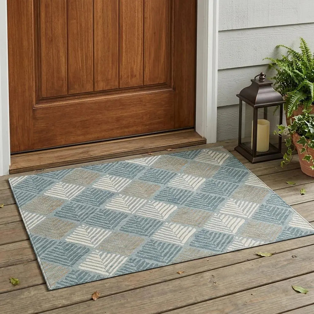 3' X 5' Teal Blue And Silver Geometric Washable Indoor Outdoor Area Rug Homeroots Outdoor