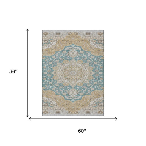 3' X 5' Teal Blue And Silver Oriental Washable Indoor Outdoor Area Rug Homeroots Outdoor