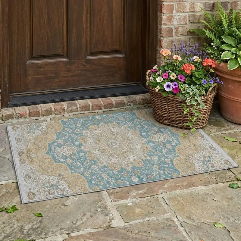 3' X 5' Teal Blue And Silver Oriental Washable Indoor Outdoor Area Rug Homeroots Outdoor