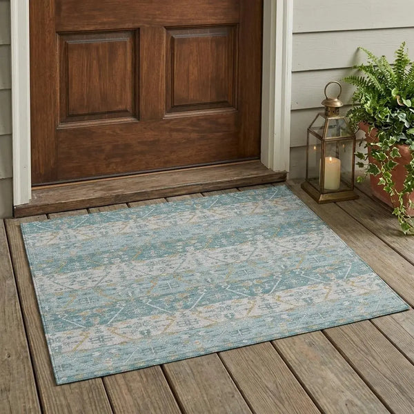 3' X 5' Teal Blue And Silver Oriental Washable Indoor Outdoor Area Rug Homeroots Outdoor