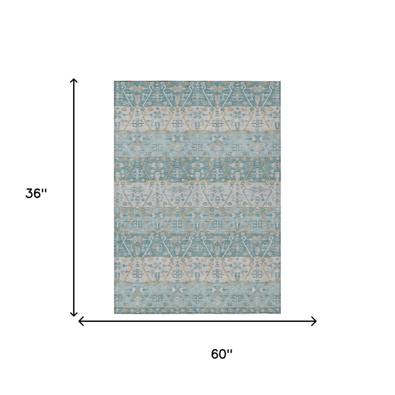 3' X 5' Teal Blue And Silver Oriental Washable Indoor Outdoor Area Rug Homeroots Outdoor