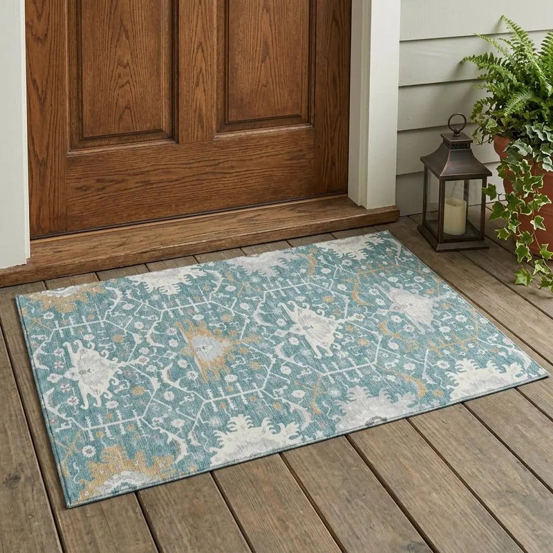3' X 5' Teal Blue And Silver Oriental Washable Indoor Outdoor Area Rug Homeroots Outdoor