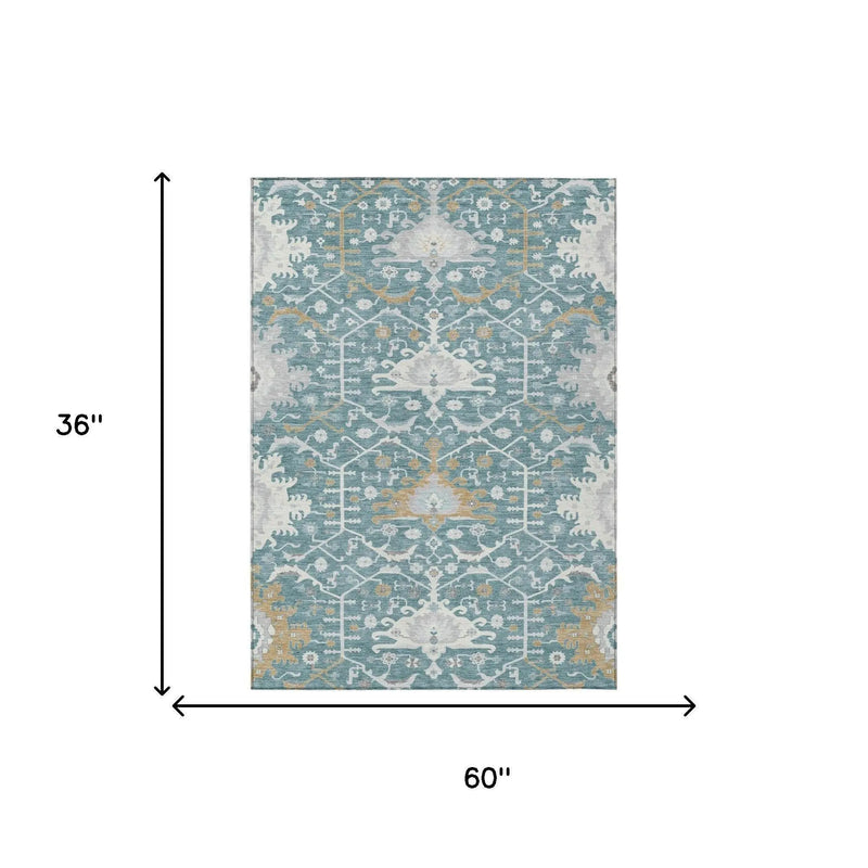 3' X 5' Teal Blue And Silver Oriental Washable Indoor Outdoor Area Rug Homeroots Outdoor