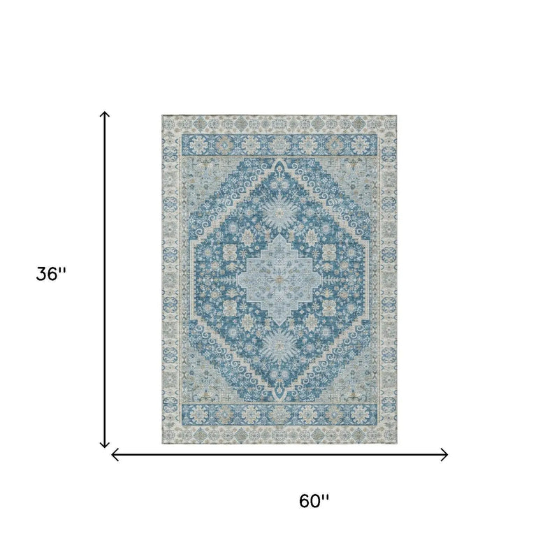 3' X 5' Teal Blue And Silver Oriental Washable Indoor Outdoor Area Rug Homeroots Outdoor