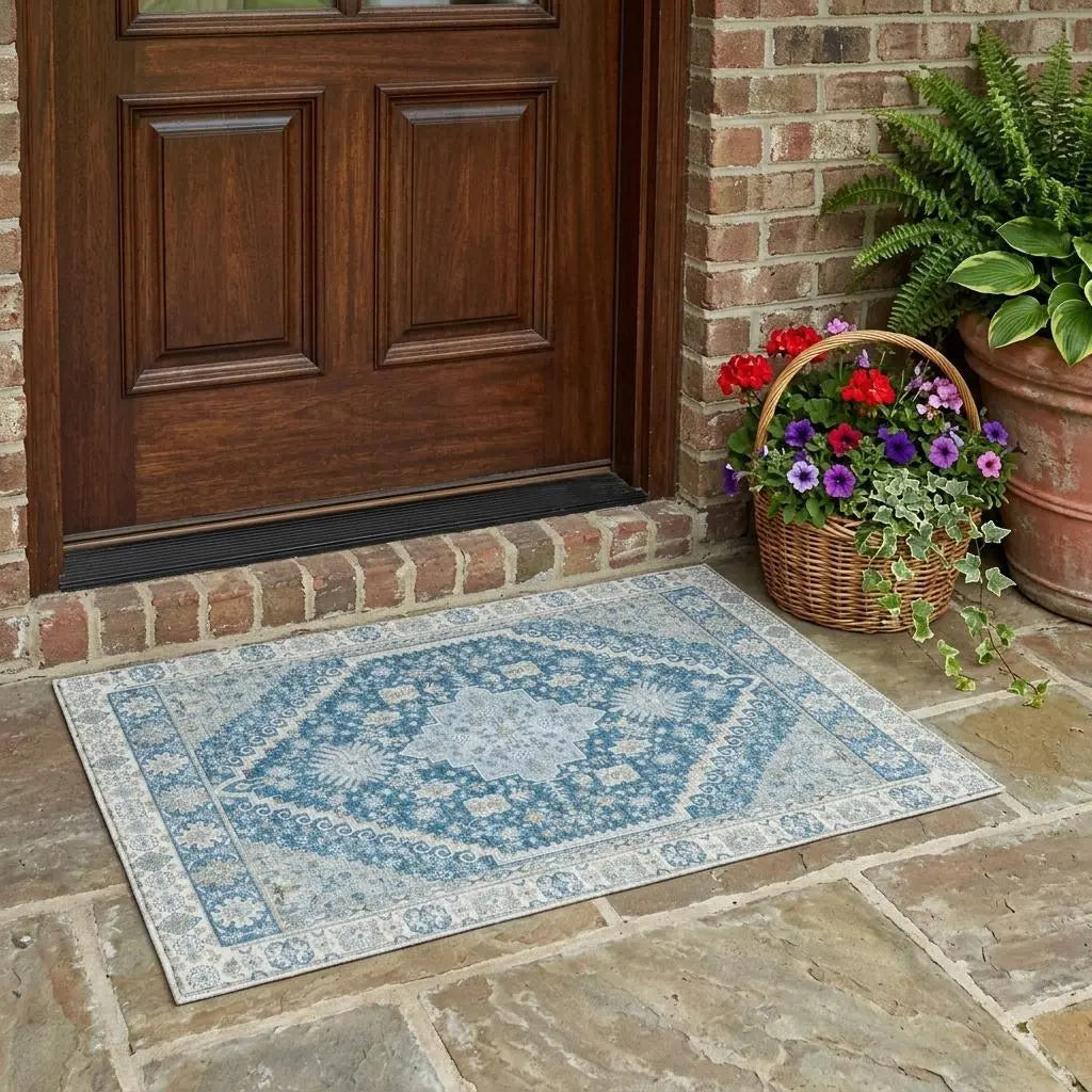 3' X 5' Teal Blue And Silver Oriental Washable Indoor Outdoor Area Rug Homeroots Outdoor