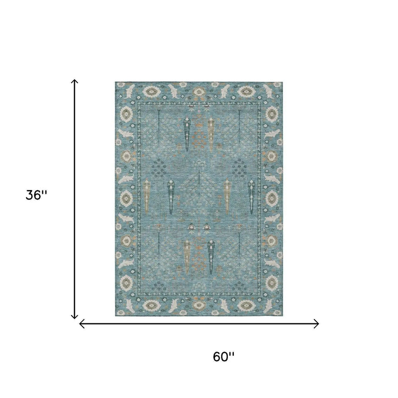 3' X 5' Teal Blue And Silver Oriental Washable Indoor Outdoor Area Rug Homeroots Outdoor