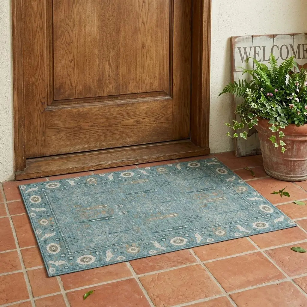 3' X 5' Teal Blue And Silver Oriental Washable Indoor Outdoor Area Rug Homeroots Outdoor