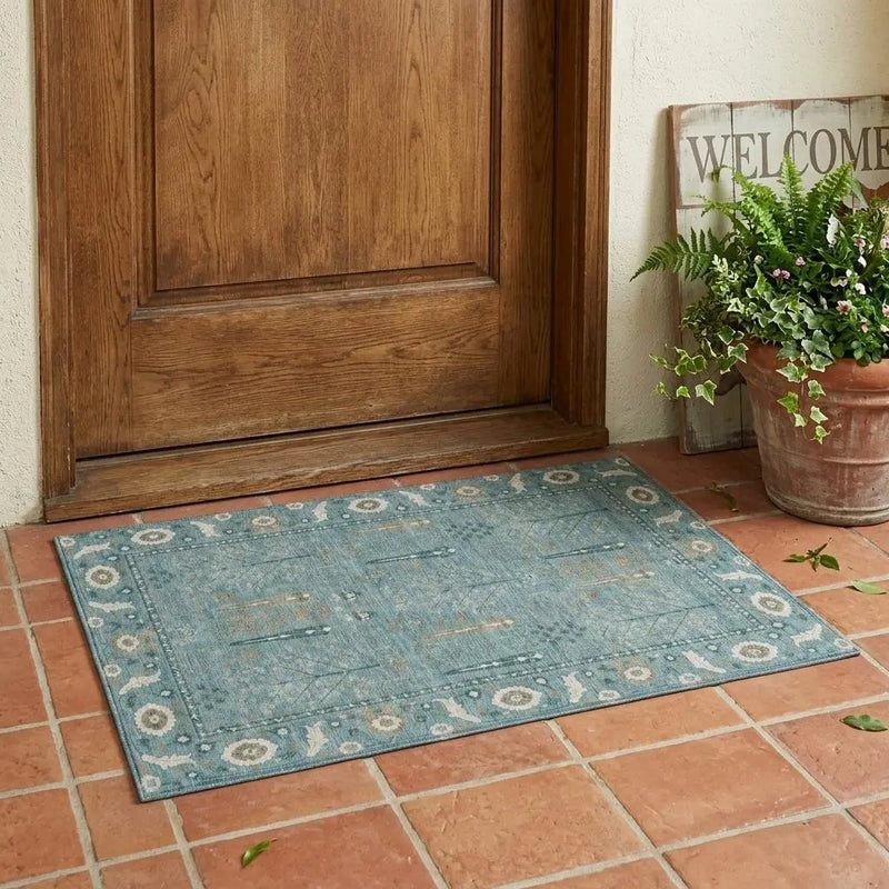 3' X 5' Teal Blue And Silver Oriental Washable Indoor Outdoor Area Rug Homeroots Outdoor