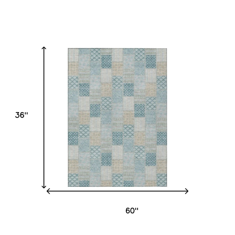 3' X 5' Teal Blue And Silver Patchwork Washable Indoor Outdoor Area Rug Homeroots Outdoor
