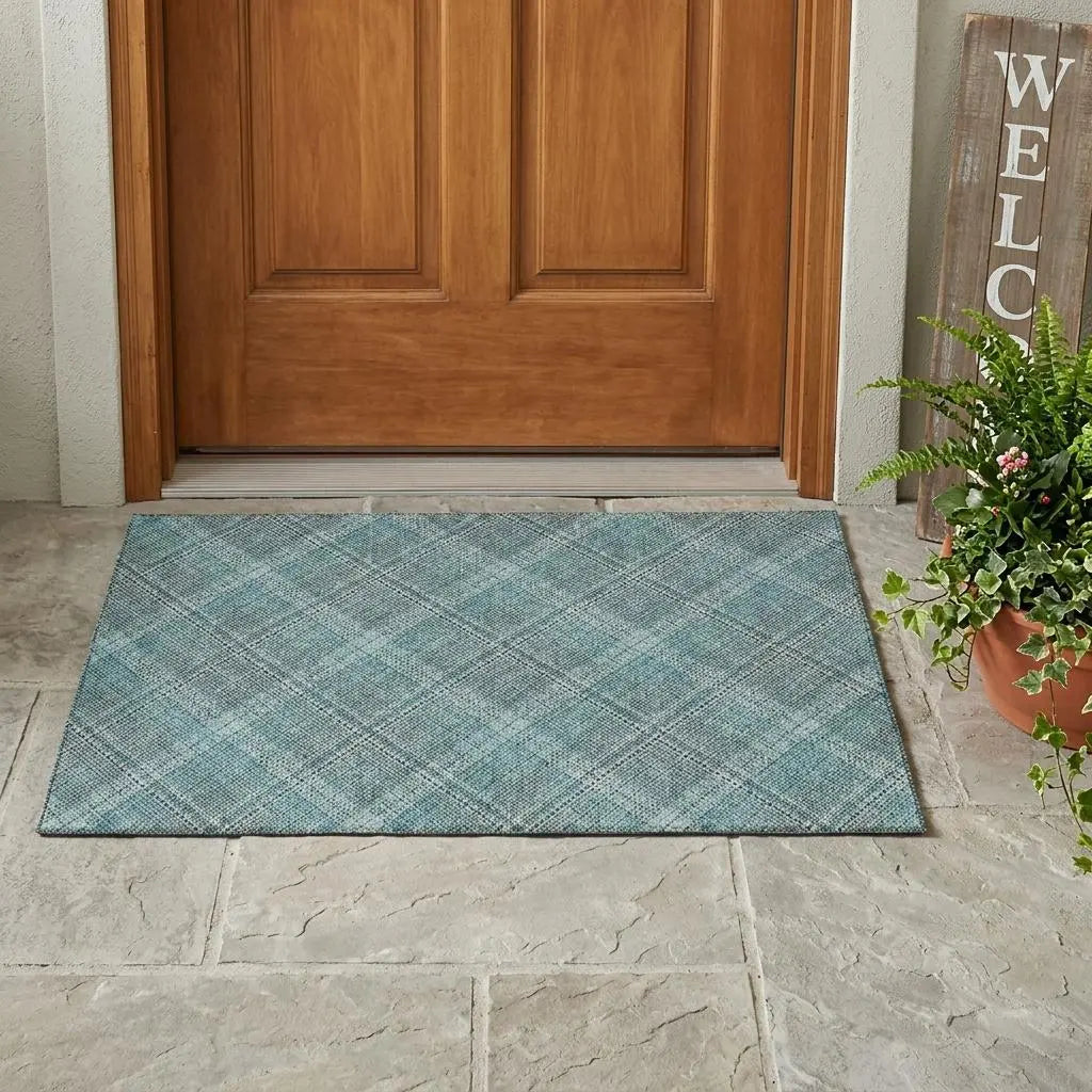 3' X 5' Teal Blue And Silver Plaid Washable Indoor Outdoor Area Rug Homeroots Outdoor