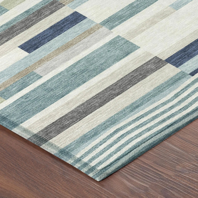 3' X 5' Teal Blue And Silver Striped Washable Indoor Outdoor Area Rug Homeroots Outdoor