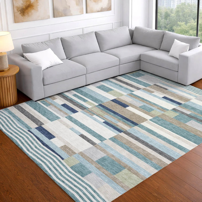 3' X 5' Teal Blue And Silver Striped Washable Indoor Outdoor Area Rug Homeroots Outdoor