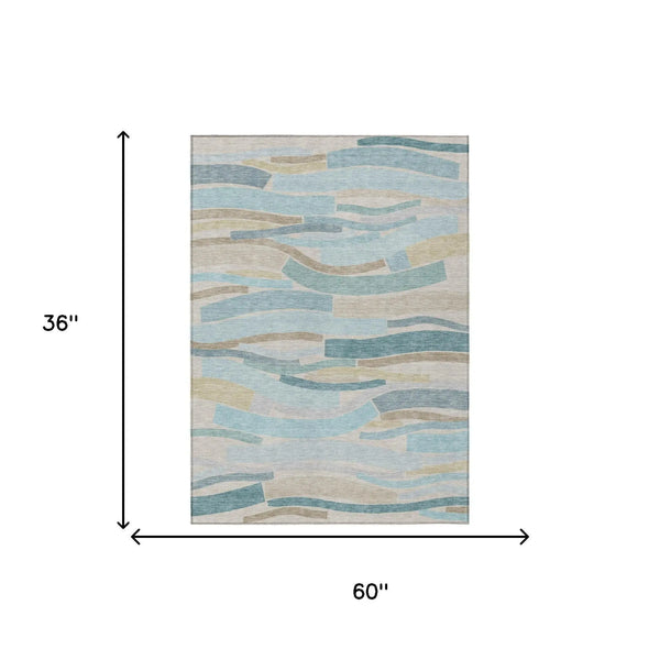 3' X 5' Teal Blue And Silver Striped Washable Indoor Outdoor Area Rug Homeroots Outdoor