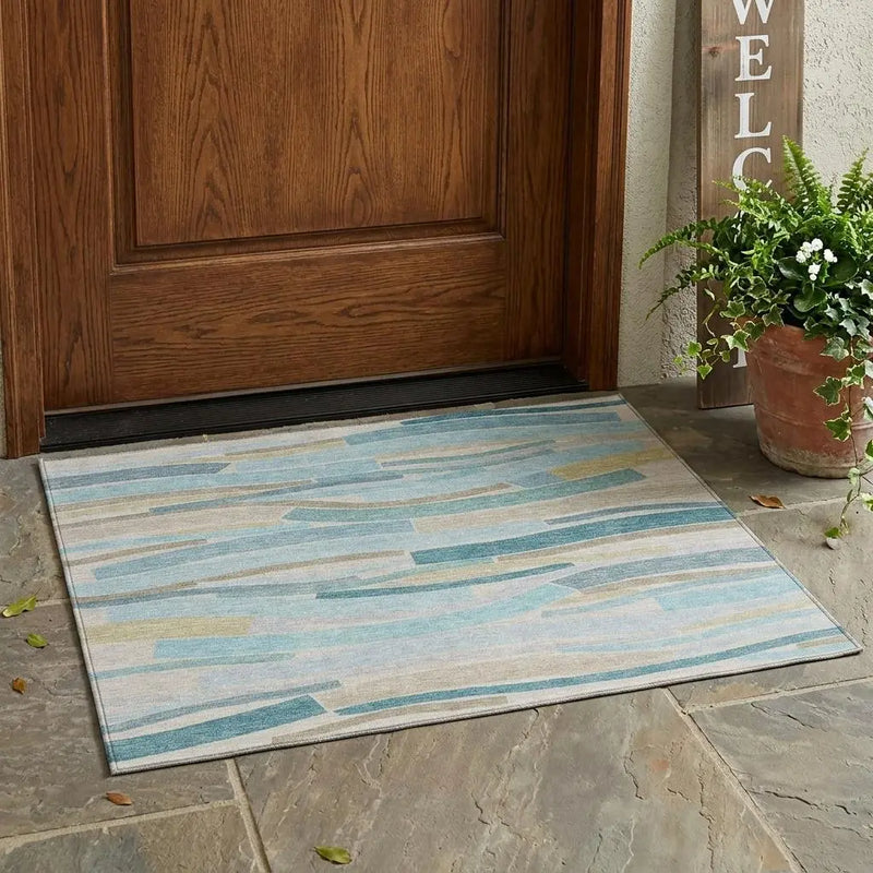 3' X 5' Teal Blue And Silver Striped Washable Indoor Outdoor Area Rug Homeroots Outdoor