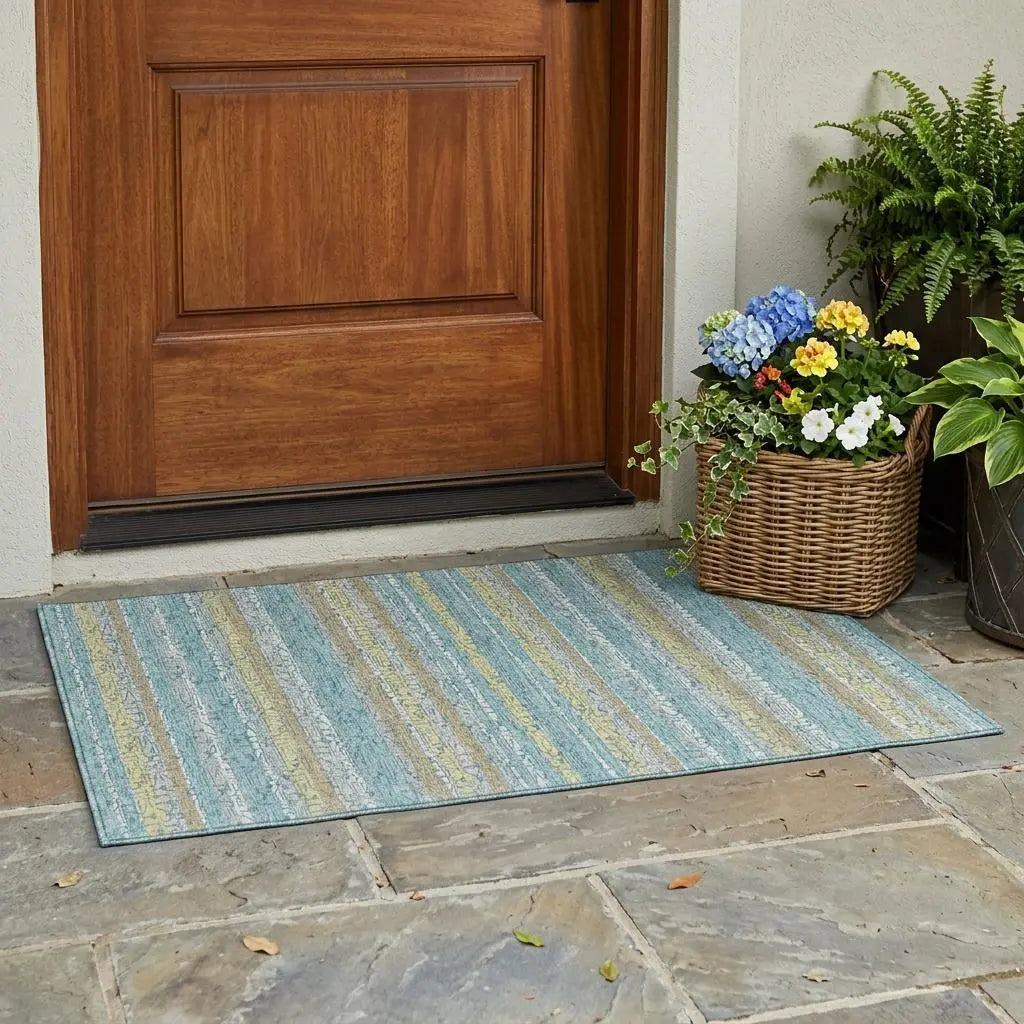 3' X 5' Teal Blue And Silver Striped Washable Indoor Outdoor Area Rug Homeroots Outdoor