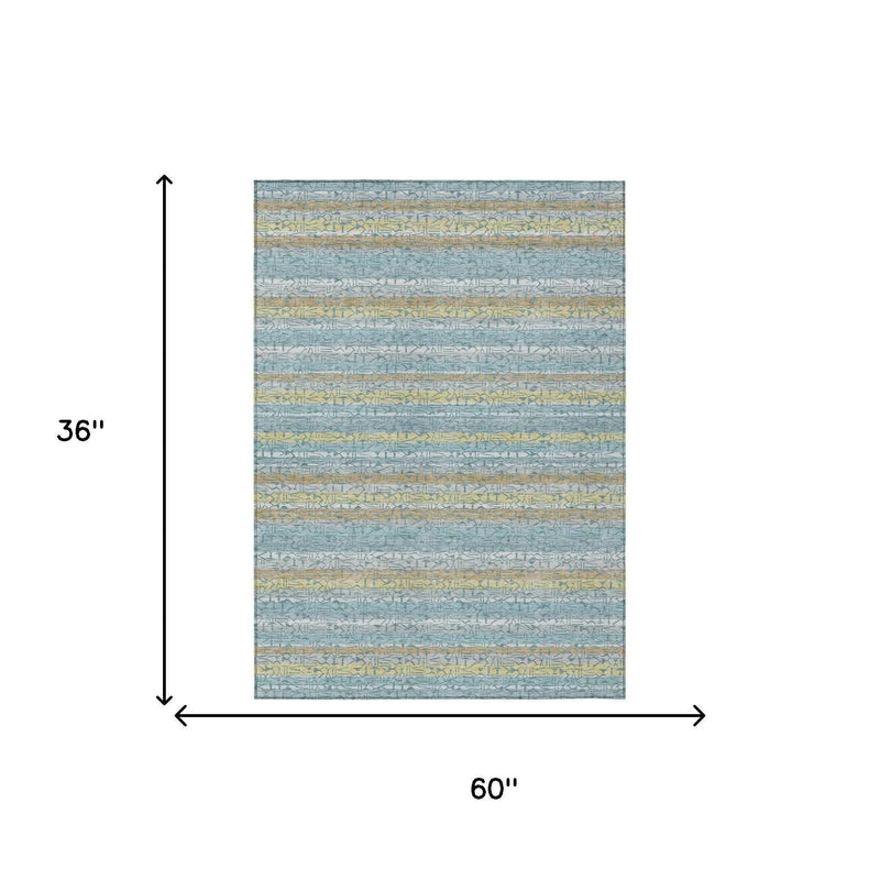 3' X 5' Teal Blue And Silver Striped Washable Indoor Outdoor Area Rug Homeroots Outdoor