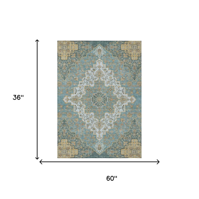 3' X 5' Teal Blue And Sky Blue Medallion Washable Indoor Outdoor Area Rug Homeroots Outdoor