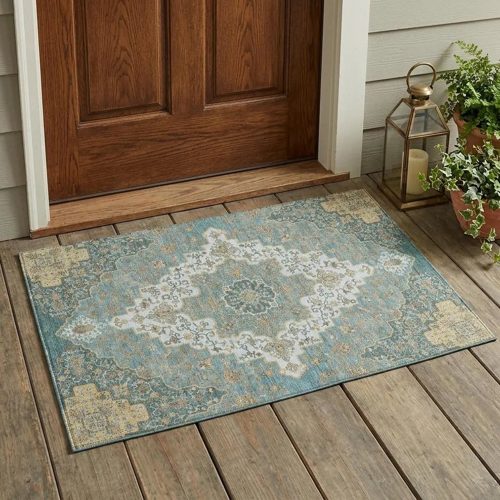 3' X 5' Teal Blue And Sky Blue Medallion Washable Indoor Outdoor Area Rug Homeroots Outdoor