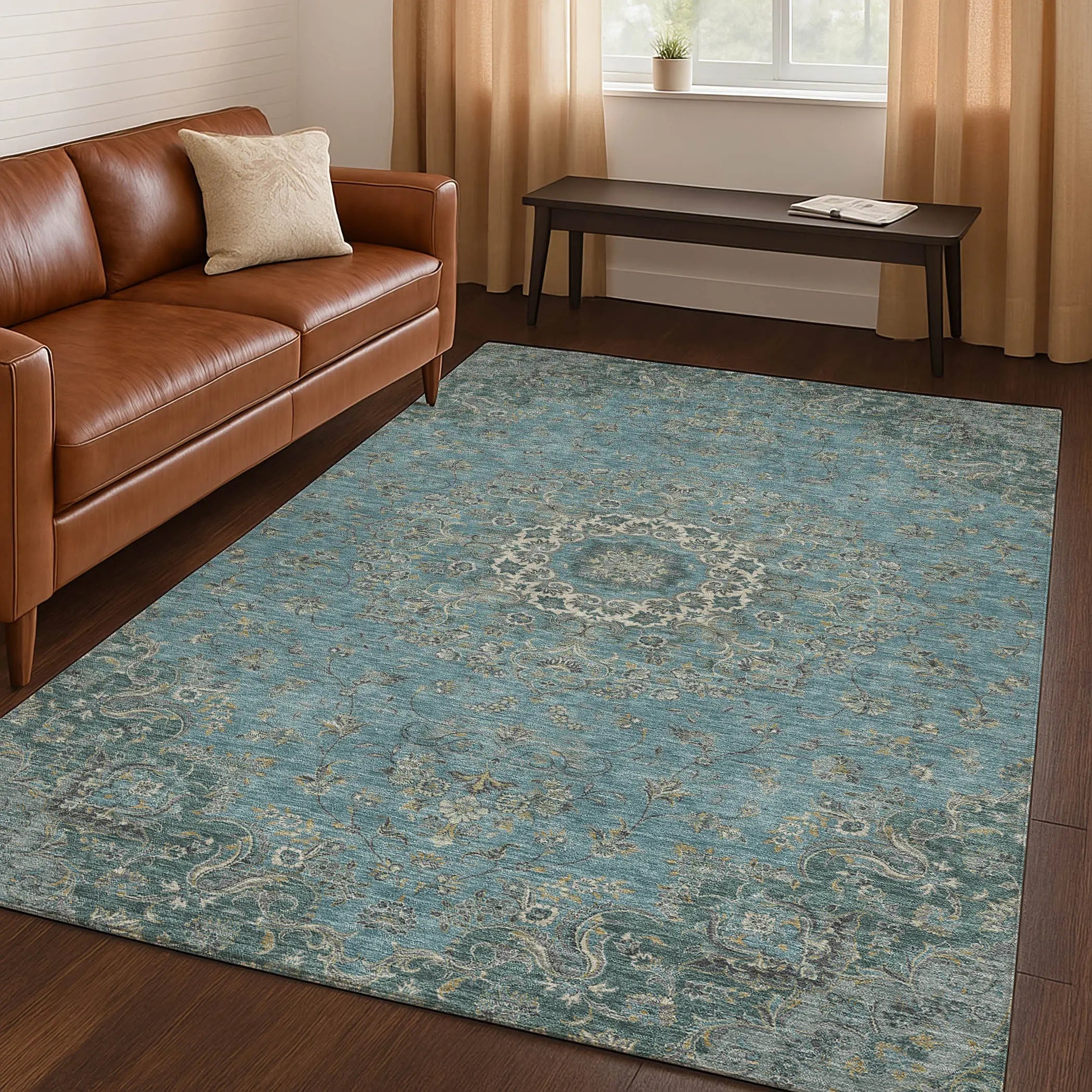 3' X 5' Teal Blue And Turquoise Floral Medallion Washable Indoor Outdoor Area Rug Homeroots Outdoor