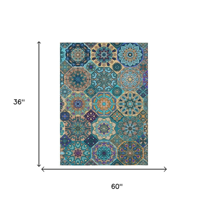 3' X 5' Teal Blue And Turquoise Patchwork Washable Indoor Outdoor Area Rug Homeroots Outdoor