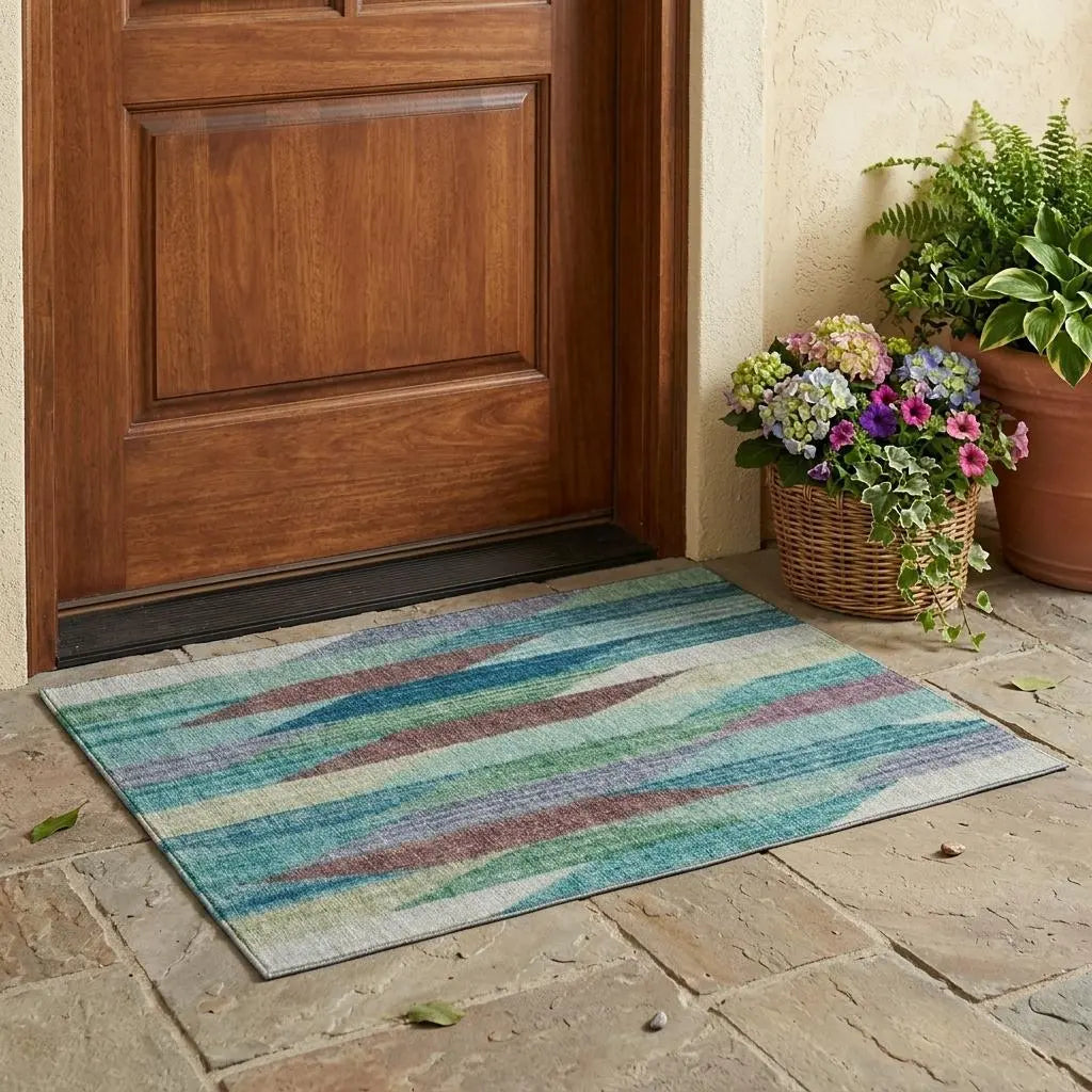 3' X 5' Teal Blue And Turquoise Striped Washable Indoor Outdoor Area Rug Homeroots Outdoor