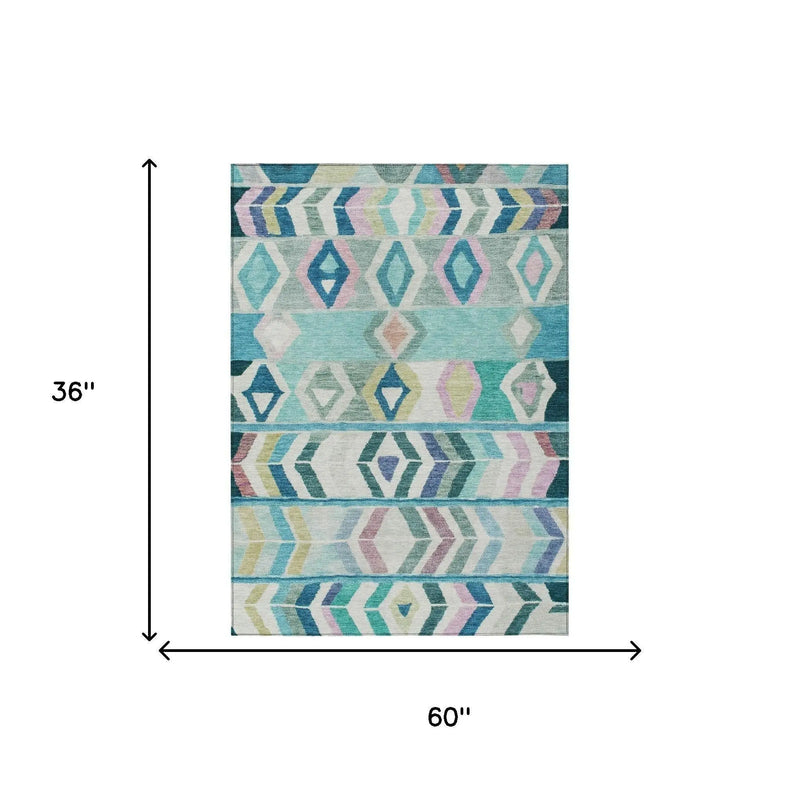 3' X 5' Teal Blue And Turquoise Tribal Washable Indoor Outdoor Area Rug Homeroots Outdoor