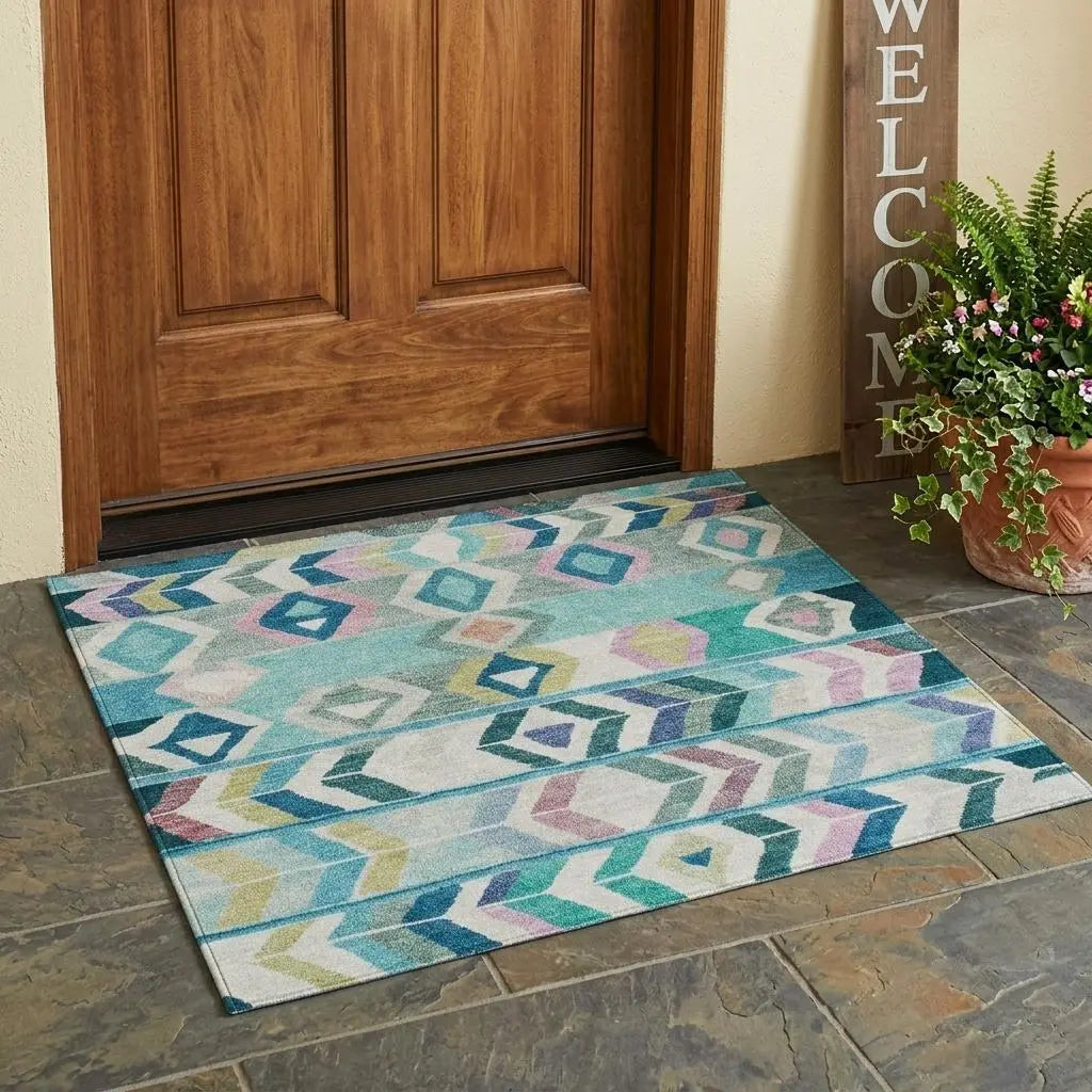 3' X 5' Teal Blue And Turquoise Tribal Washable Indoor Outdoor Area Rug Homeroots Outdoor