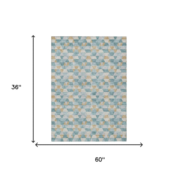 3' X 5' Teal Blue And Walnut Geometric Washable Indoor Outdoor Area Rug Homeroots Outdoor