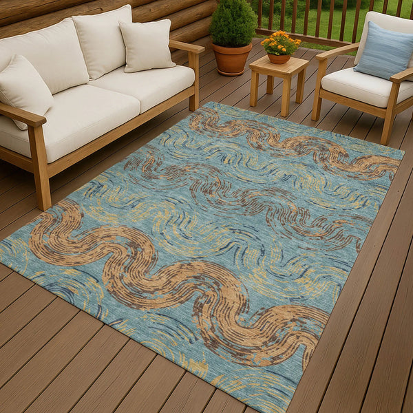 3' X 5' Teal Blue And Wheat Abstract Washable Indoor Outdoor Area Rug Homeroots Outdoor