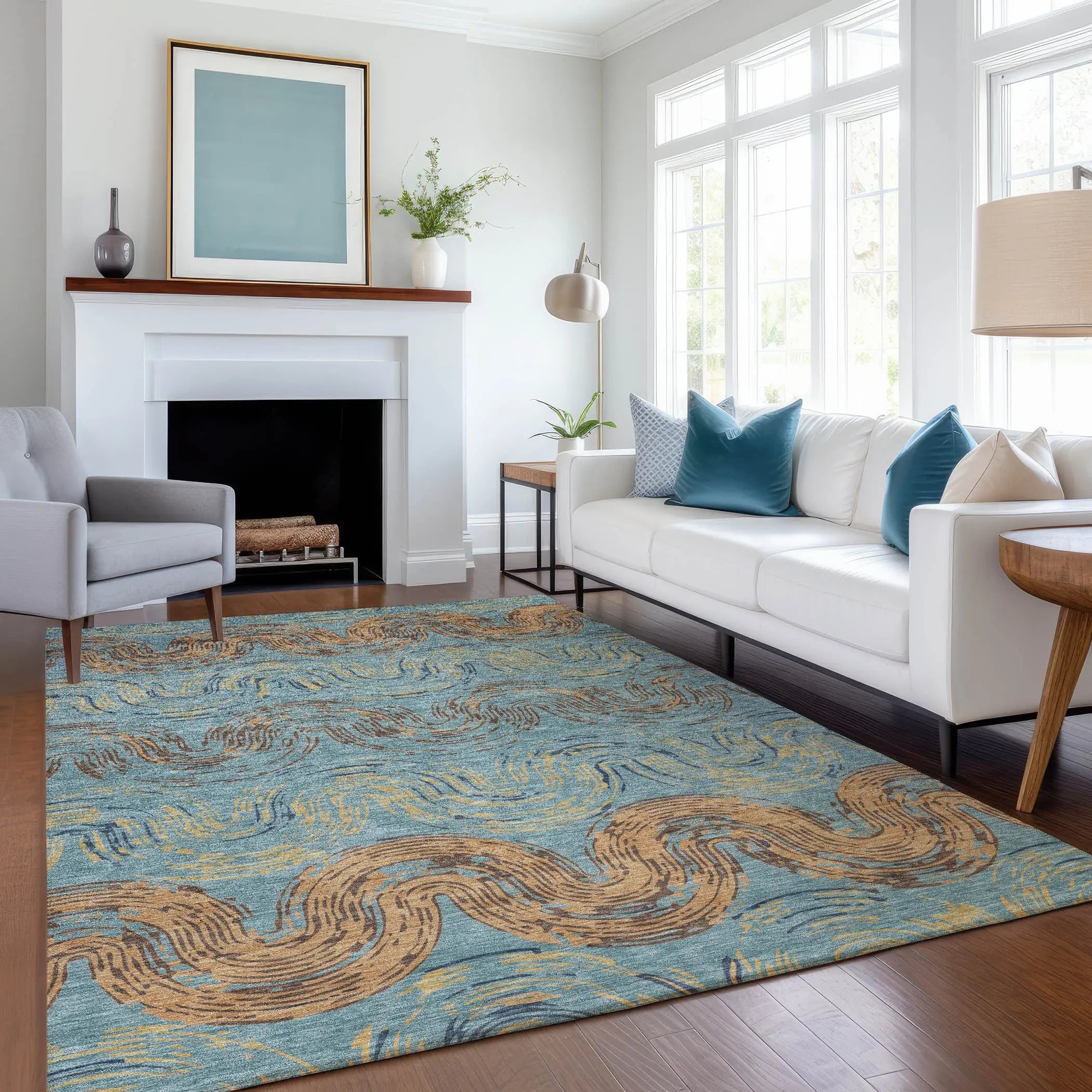 3' X 5' Teal Blue And Wheat Abstract Washable Indoor Outdoor Area Rug Homeroots Outdoor