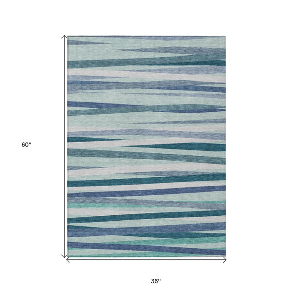 3' X 5' Teal Blue Gray And Ivory Striped Washable Indoor Outdoor Area Rug - GreatEagleInc