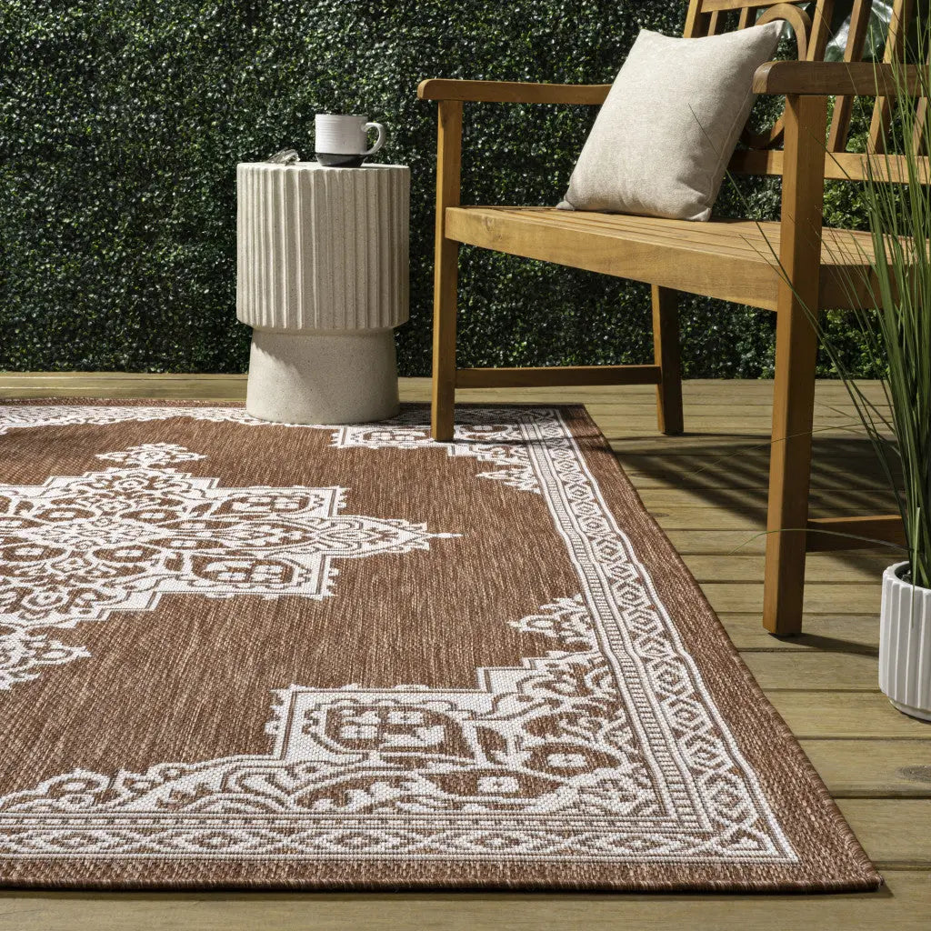 3' X 5' Terra Cotta And Cream Medallion Indoor Outdoor Area Rug Homeroots Outdoor