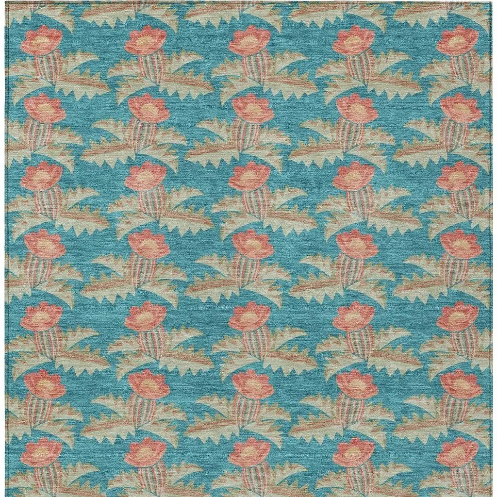 3' X 5' Turquoise And Brown Floral Washable Indoor Outdoor Area Rug Homeroots Outdoor