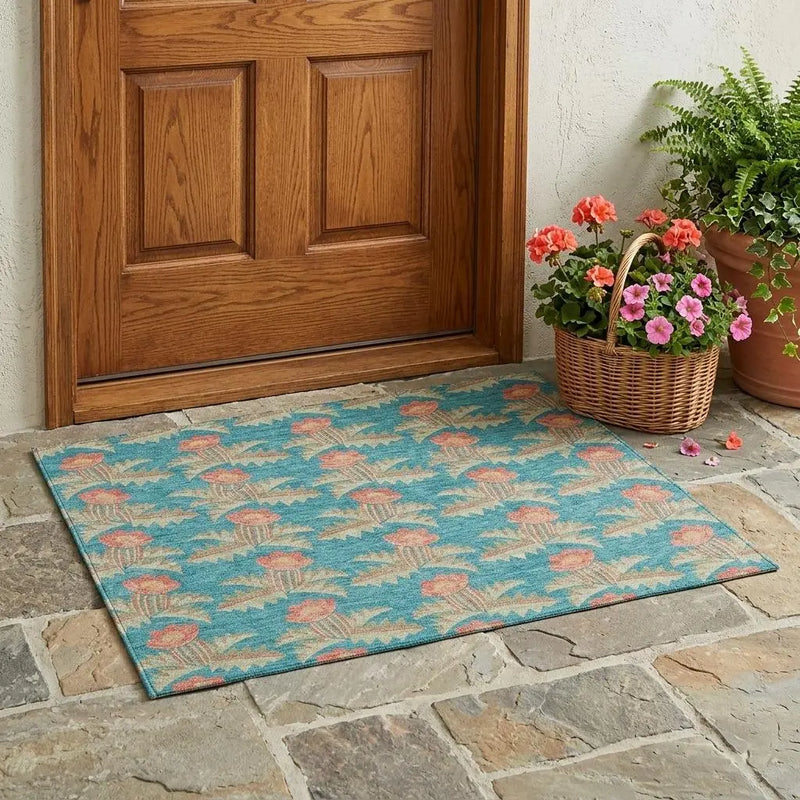 3' X 5' Turquoise And Brown Floral Washable Indoor Outdoor Area Rug Homeroots Outdoor
