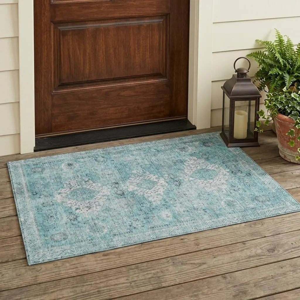 3' X 5' Turquoise And Teal Blue Oriental Washable Indoor Outdoor Area Rug Homeroots Outdoor