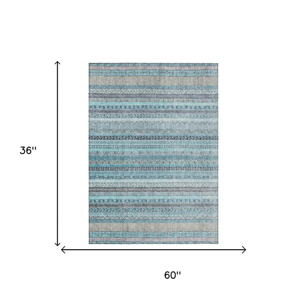 3' X 5' Turquoise And Teal Blue Striped Washable Indoor Outdoor Area Rug Homeroots Outdoor