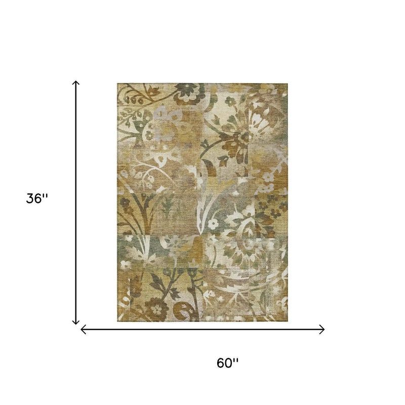 3' X 5' Walnut And Gold Botanical Leaves Washable Indoor Outdoor Area Rug Homeroots Outdoor